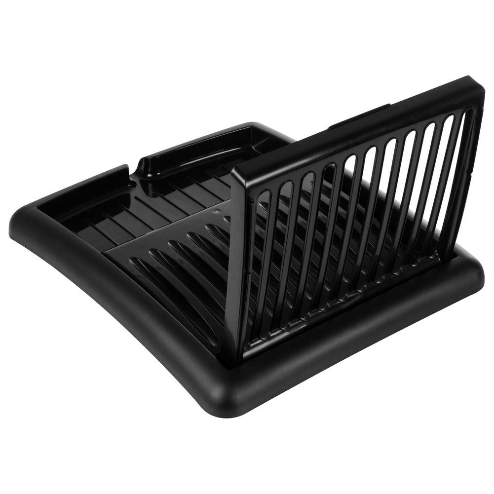Extendable black dish rack with space for plates and glasses