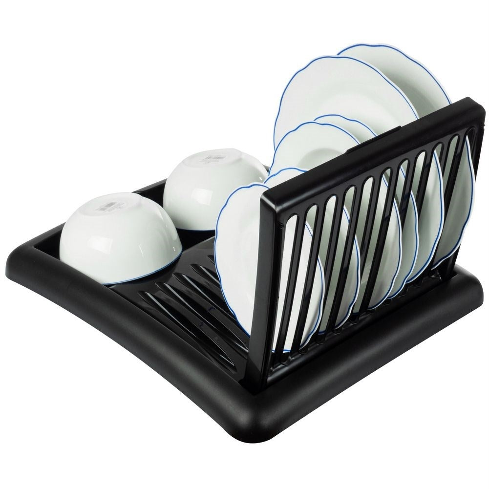 Extendable black dish rack with space for plates and glasses