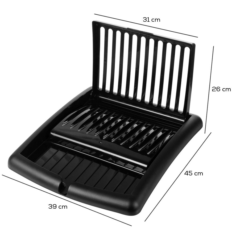 Extendable black dish rack with space for plates and glasses