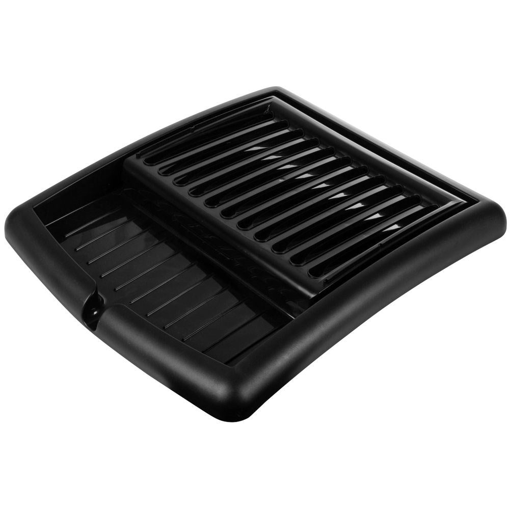 Extendable black dish rack with space for plates and glasses