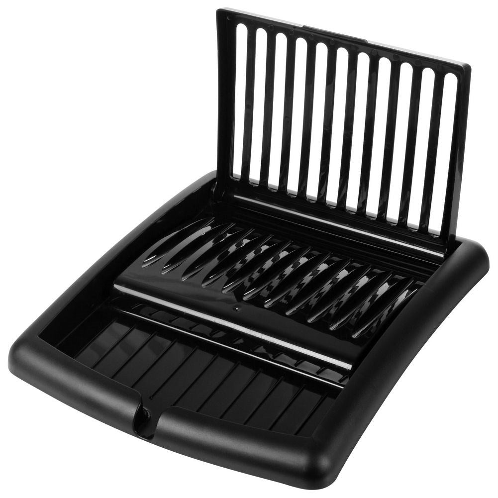 Extendable black dish rack with space for plates and glasses