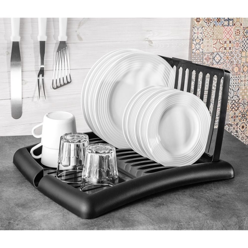 Extendable black dish rack with space for plates and glasses
