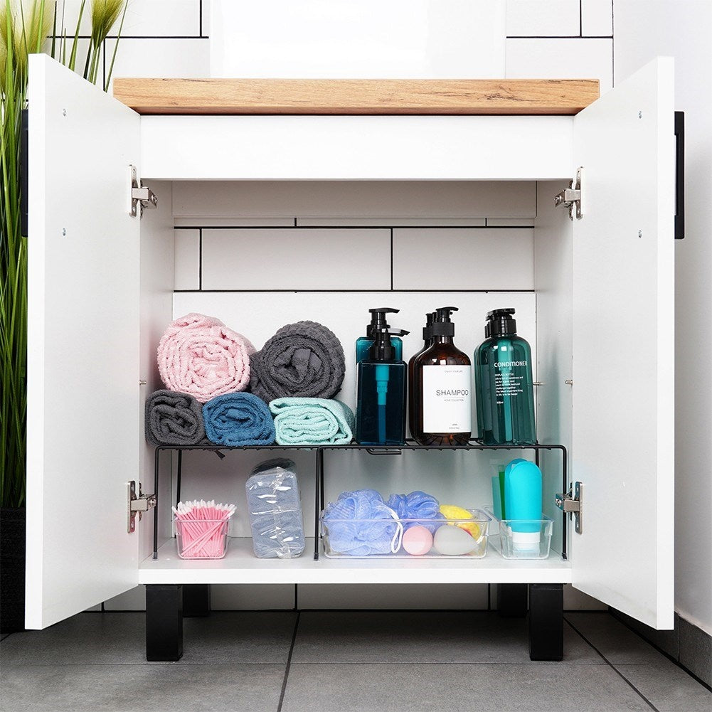Extendable black metal kitchen shelf with adjustable length