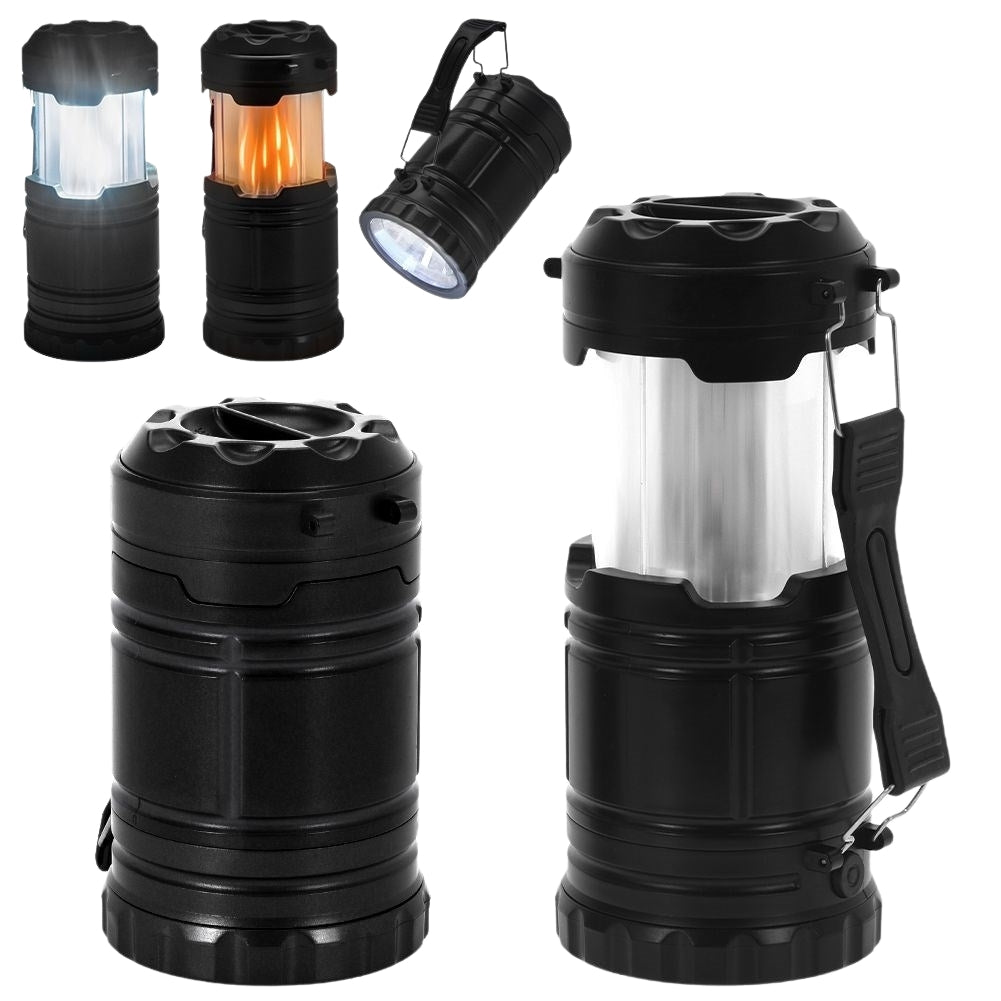 Extendable camping lamp with flashlight and flame candle