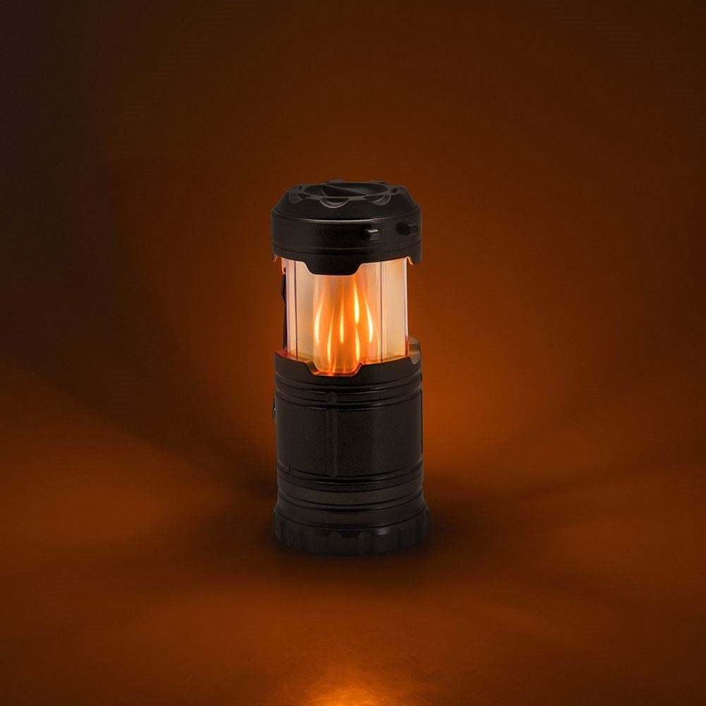 Extendable camping lamp with flashlight and flame candle