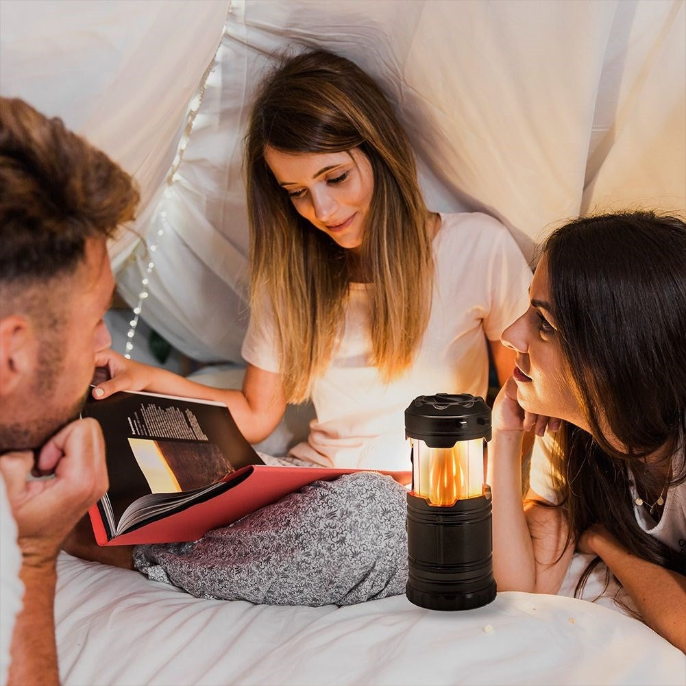 Extendable camping lamp with flashlight and flame candle