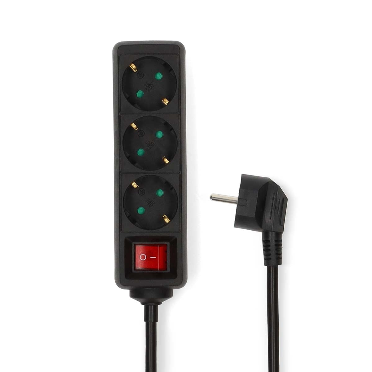 Extension Socket | Type F (CEE 7/7) | 3-Way | 5.00 m | 3680 W | 16 A | Kind of grounding: Side Contacts | 230 V AC 50/60 Hz | Socket angle: 45 ° | H05VV-F 3G1.5mm² | On/Off switch | Black