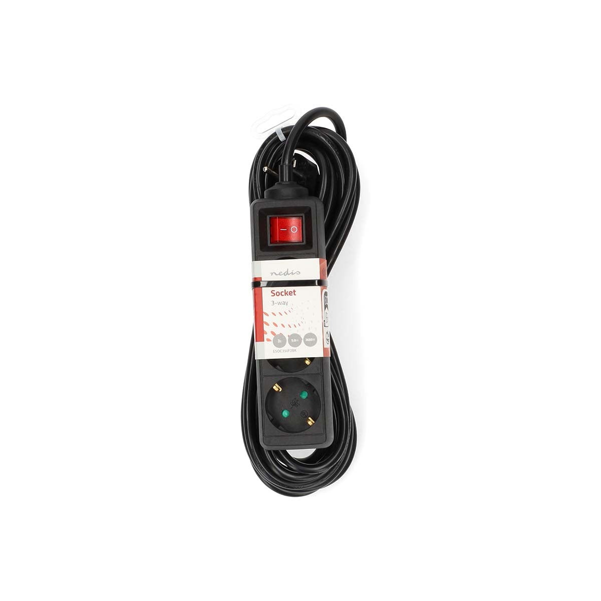 Extension Socket | Type F (CEE 7/7) | 3-Way | 5.00 m | 3680 W | 16 A | Kind of grounding: Side Contacts | 230 V AC 50/60 Hz | Socket angle: 45 ° | H05VV-F 3G1.5mm² | On/Off switch | Black