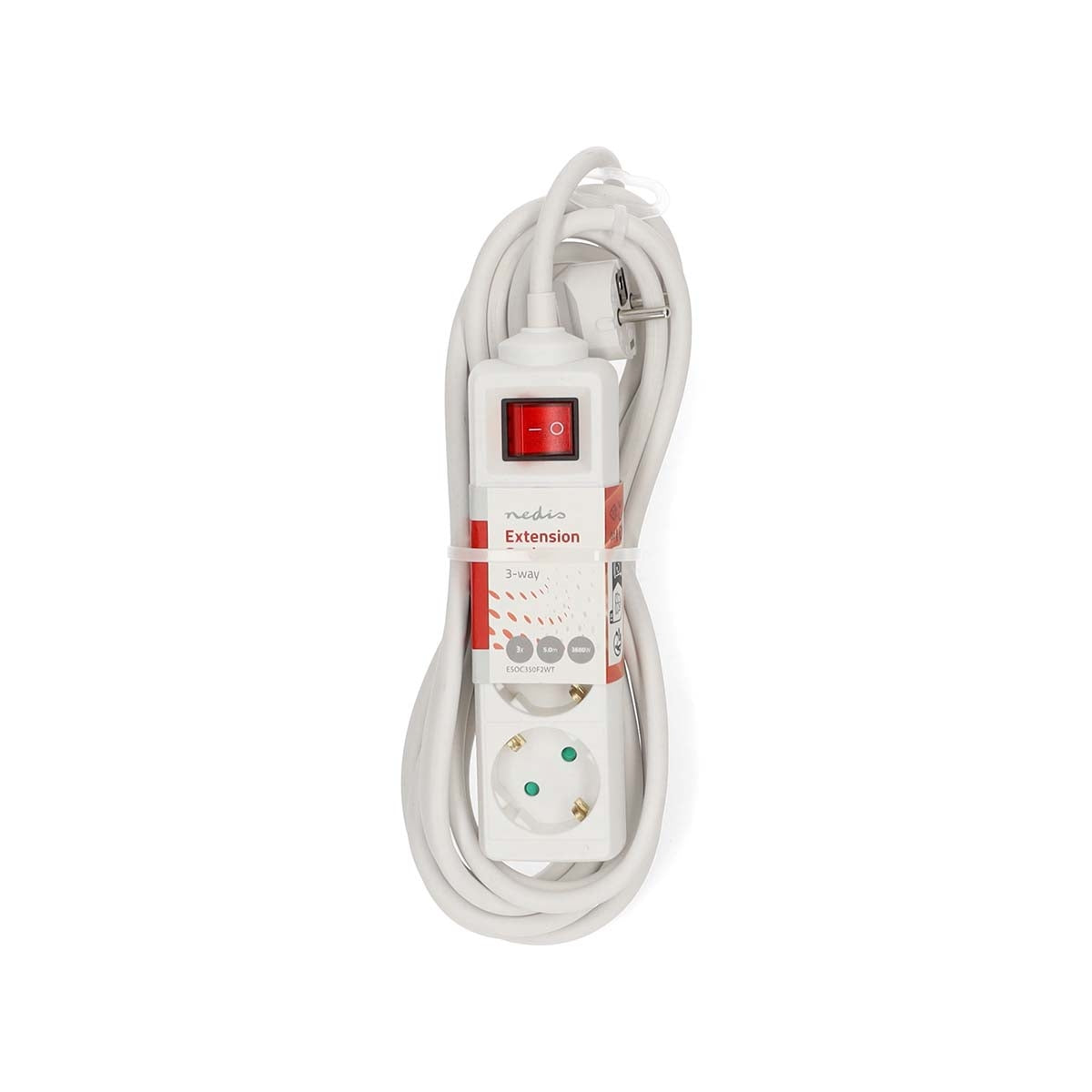 Extension Socket | Type F (CEE 7/7) | 3-Way | 5.00 m | 3680 W | 16 A | Kind of grounding: Side Contacts | 230 V AC 50/60 Hz | Socket angle: 45 ° | H05VV-F 3G1.5mm² | On/Off switch | White