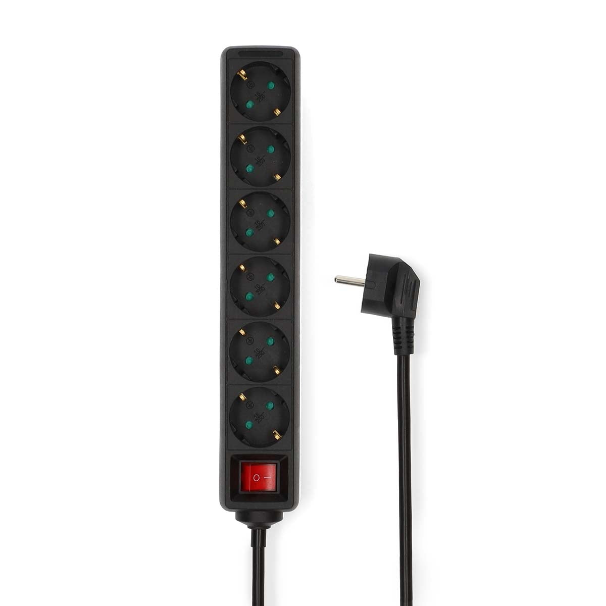 Extension Socket | Type F (CEE 7/7) | 6-Way | 1.50 m | 3680 W | 16 A | Kind of grounding: Side Contacts | 230 V AC 50/60 Hz | Socket angle: 45 ° | H05VV-F 3G1.5mm² | On/Off switch | Black
