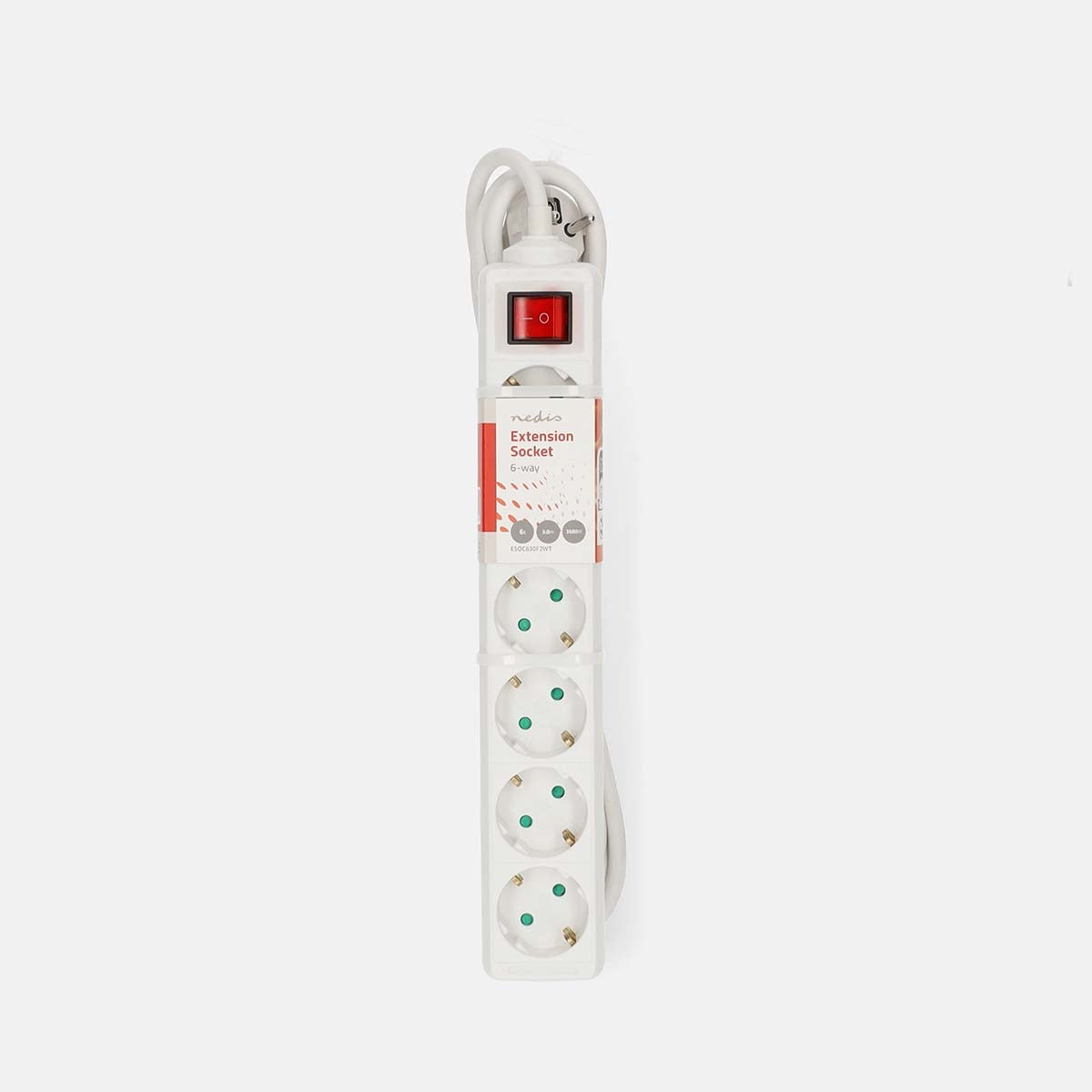 Extension Socket | Type F (CEE 7/7) | 6-Way | 3.00 m | 3680 W | 16 A | Kind of grounding: Side Contacts | 230 V AC 50/60 Hz | Socket angle: 45 ° | H05VV-F 3G1.5mm² | On/Off switch | White