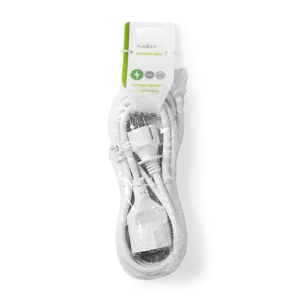 Extension cable M - F | Type F (CEE 7/7) | Grounded contact | 3.00 m | 3680 W | 250 V AC 50/60 Hz | Type of grounding: Side contact | Outlet angle: 90 ° | H05VV-F 3G1.5 | Device output connection: 1 | White