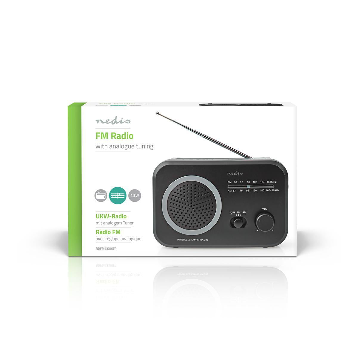 FM Radio | Portable design | AM / FM | Battery operated / Power adapter | Analog | 1.8 W| Black White Screen | Bluetooth® | Headphone jack | Carrying handle | Grey/Black