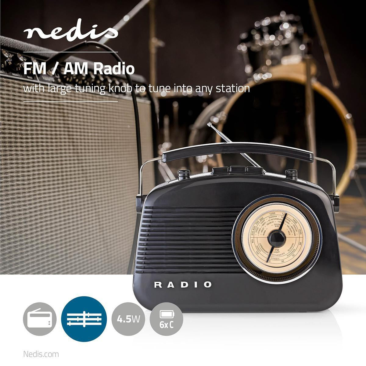 FM Radio | Table Design | AM / FM | Battery operated / Power adapter | Analog | 4.5 W| Carrying handle | Black