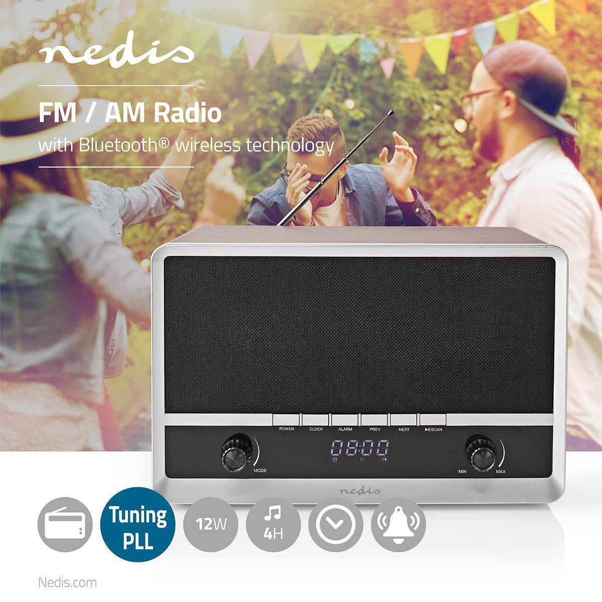 FM Radio | Table Design | AM / FM | Battery powered / USB power | Digital | 12 W| Screen Size: 1.6 " | Black Blue Screen | Bluetooth® | Alarm Clock | Brown / Black