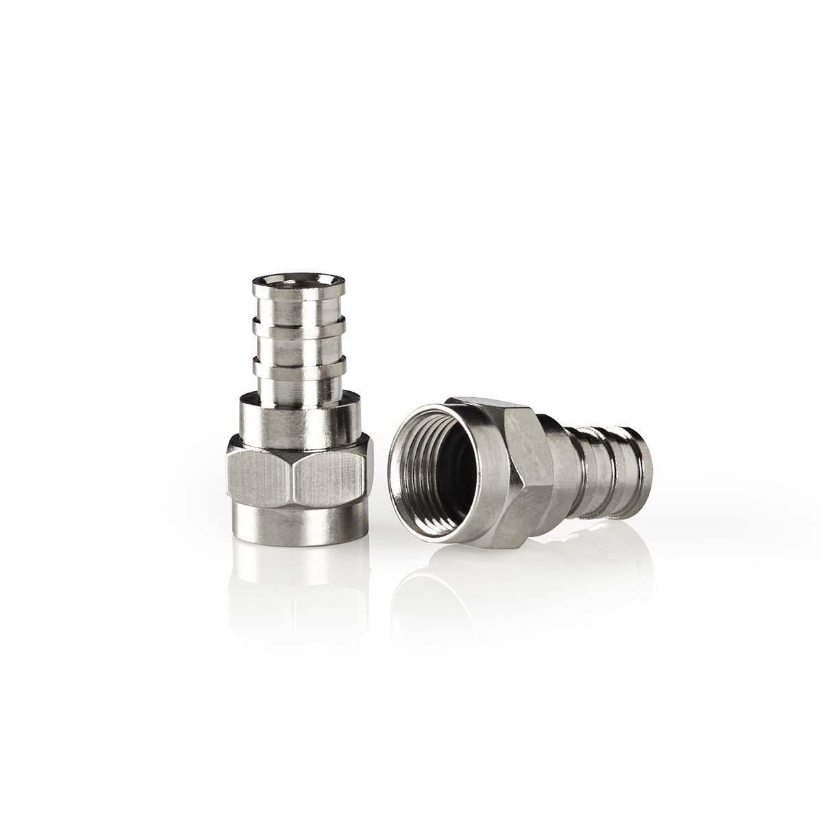 F connector | Straight | Male | Nickel Plated | 75 Ohm | Shrink | Cable input diameter: 5.5 mm | Copper | Silver | 2 pcs. | Cardboard box with window