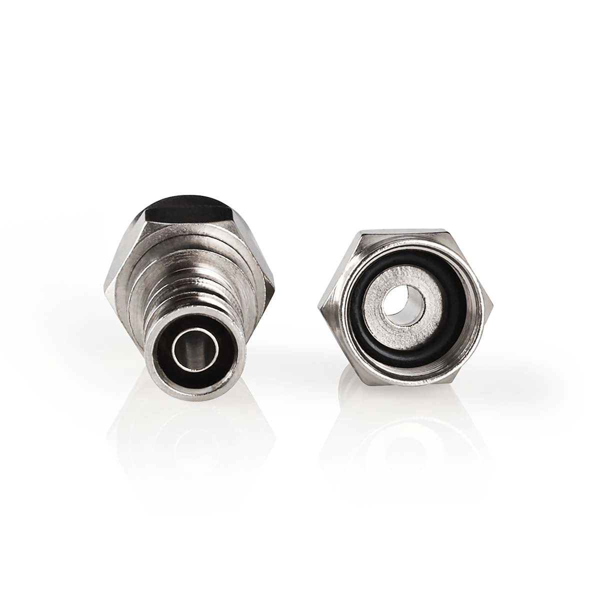 F connector | Straight | Male | Nickel Plated | 75 Ohm | Shrink | Cable input diameter: 7.0 mm | Copper | Silver | 2 pcs. | Cardboard box with window