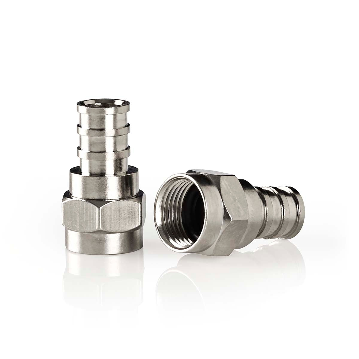 F connector | Straight | Male | Nickel Plated | 75 Ohm | Shrink | Cable input diameter: 7.0 mm | Copper | Silver | 2 pcs. | Cardboard box with window