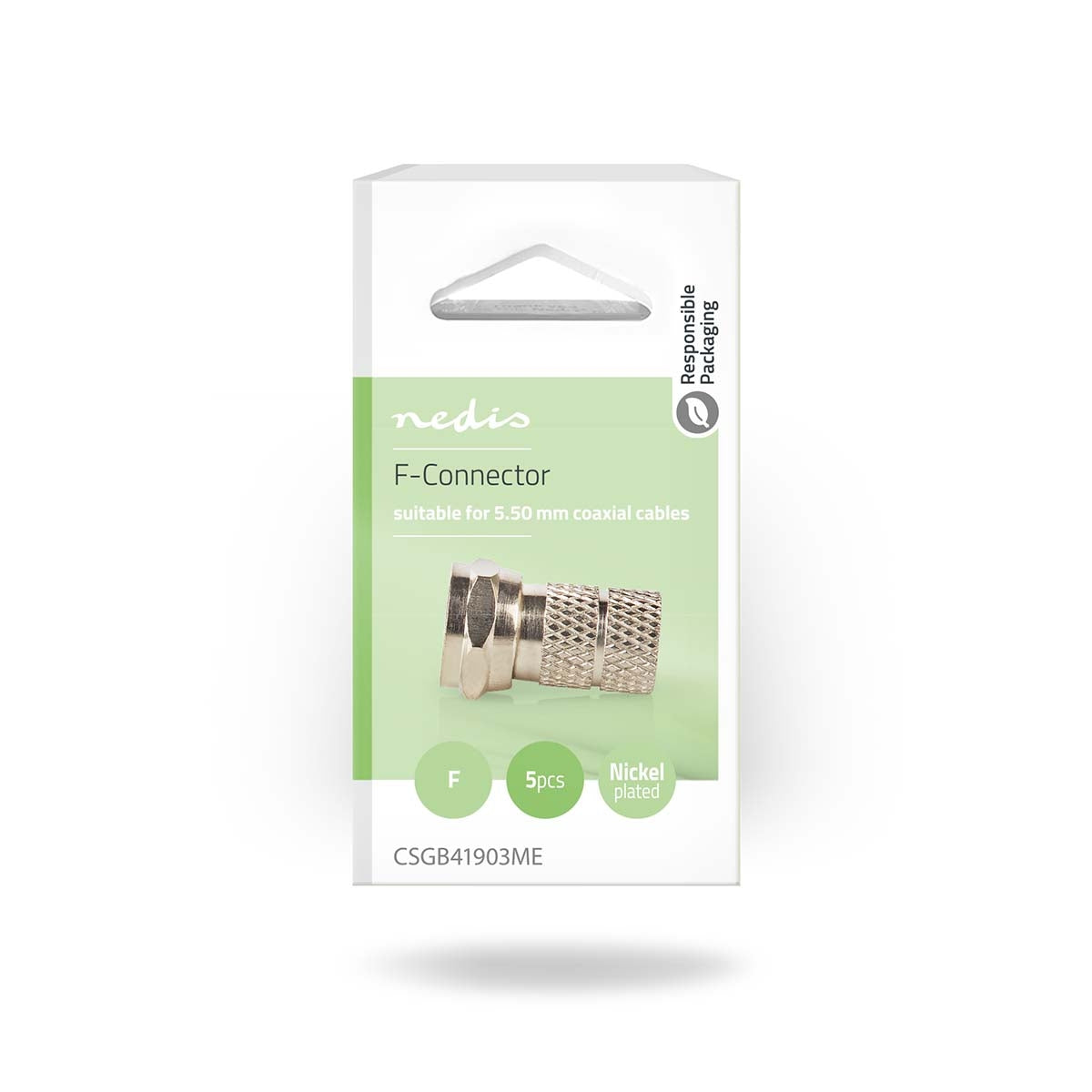 F connector | Straight | Male | Nickel Plated | 75 Ohm | Twist-On | Cable input diameter: 5.5 mm | Zinc Alloy | Silver | 5 pcs. | Box