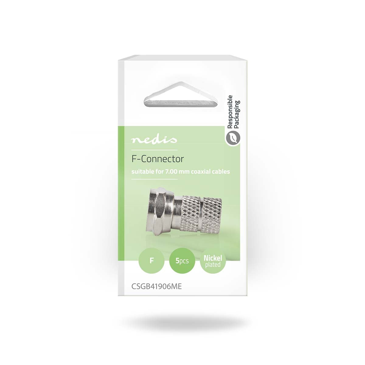 F connector | Straight | Male | Nickel Plated | 75 Ohm | Twist-On | Cable input diameter: 7.0 mm | Zinc Alloy | Silver | 5 pcs. | Box