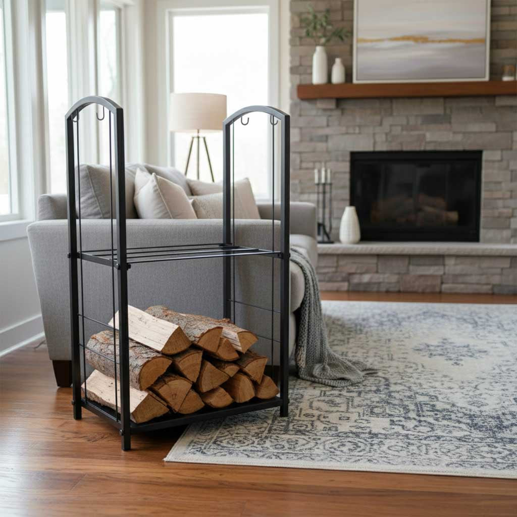 Fireplace Log Rack With Tools, Metal, 2 Shelves