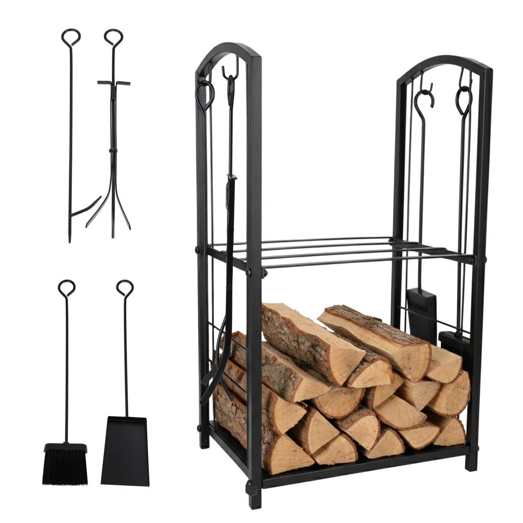Fireplace Log Rack With Tools, Metal, 2 Shelves