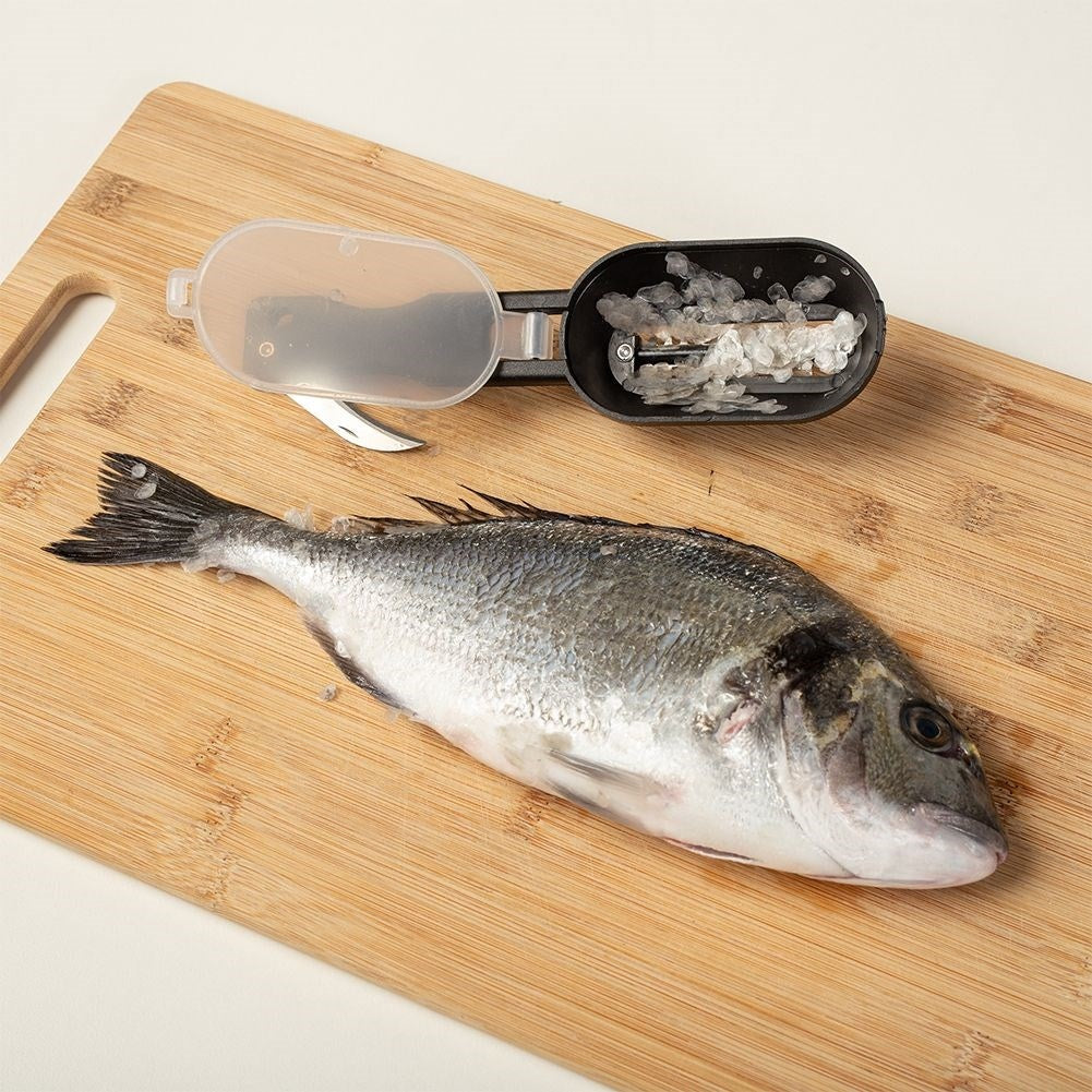 Fish cleaner with container and stainless steel blade