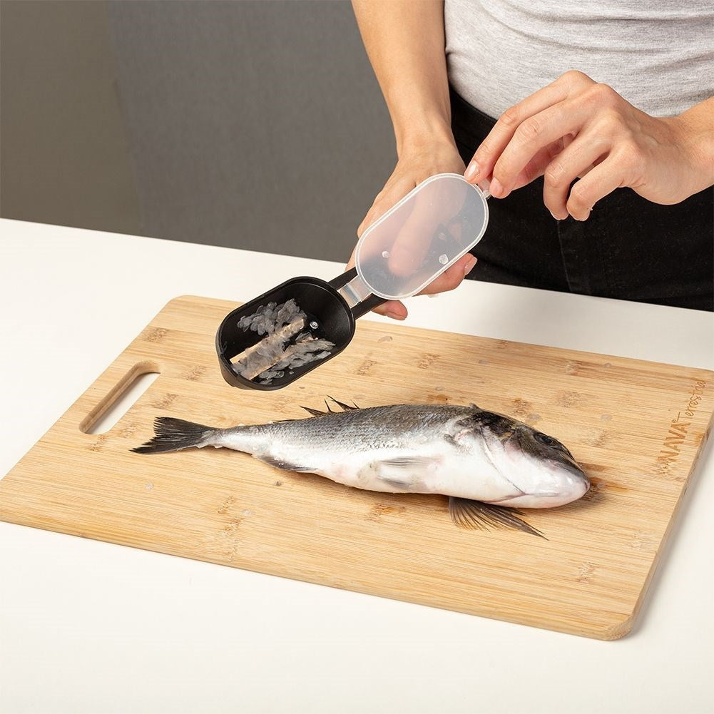 Fish cleaner with container and stainless steel blade
