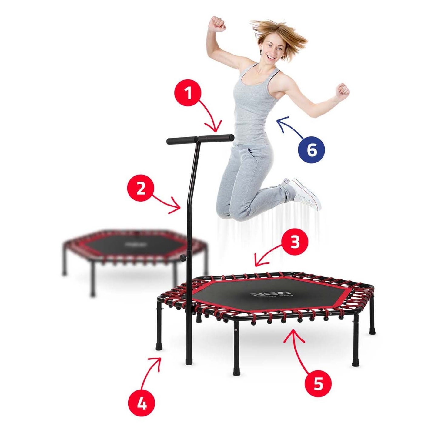 Fitness trampoline with handle 127 cm Neo-Sport - hexagonal red