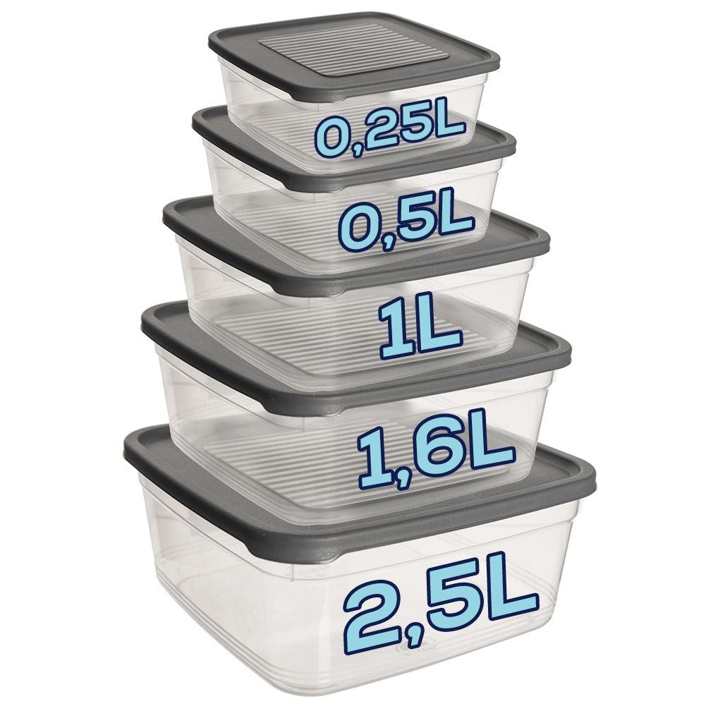 Five durable food boxes in different sizes for all food storage