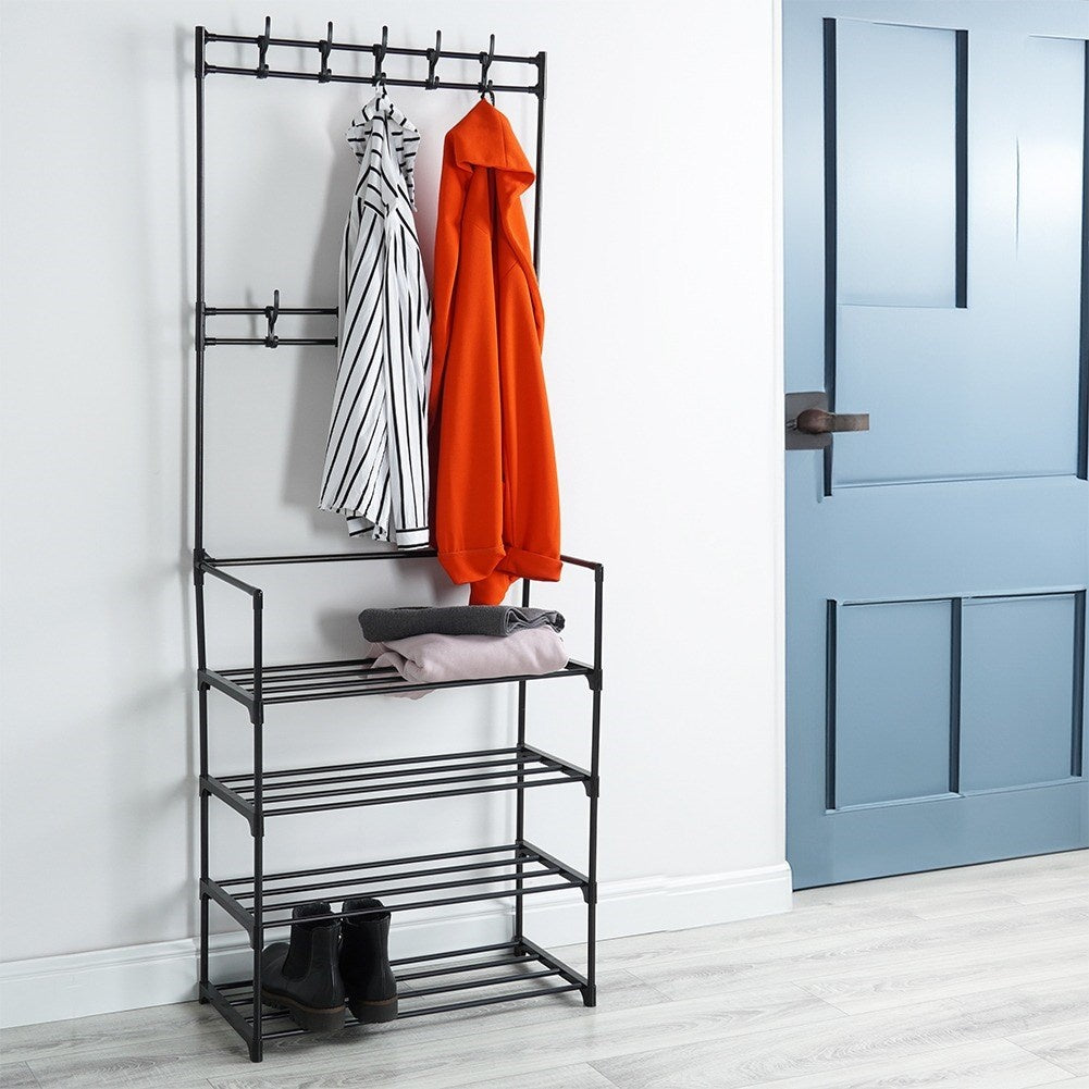 Floor Hanger with Shoe Shelves and Hooks for Home and Office