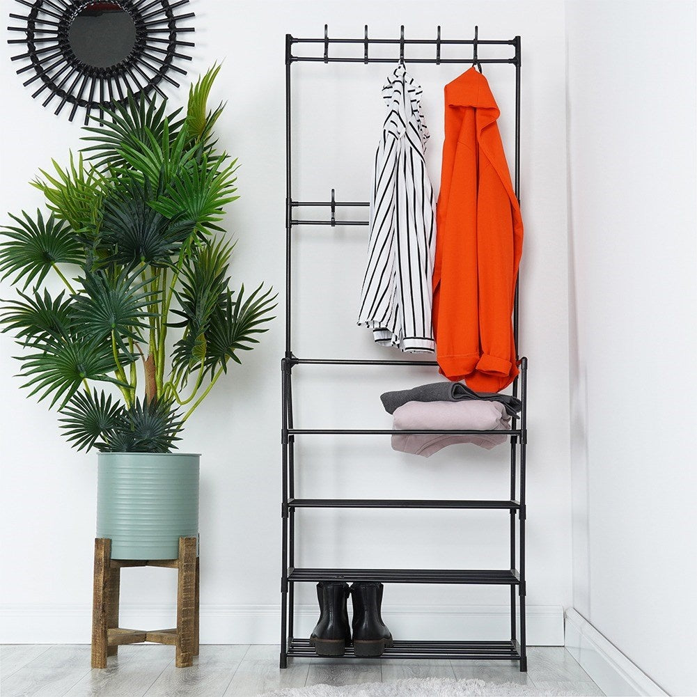 Floor Hanger with Shoe Shelves and Hooks for Home and Office