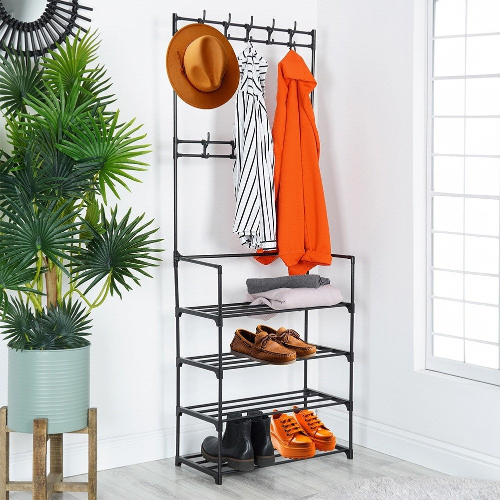 Floor Hanger with Shoe Shelves and Hooks for Home and Office