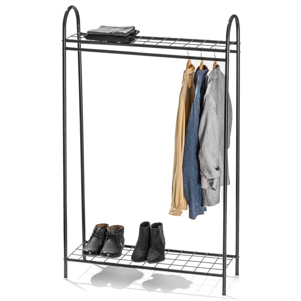 Floor-standing clothes hanger with shelves