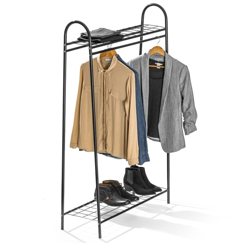 Floor-standing clothes hanger with shelves