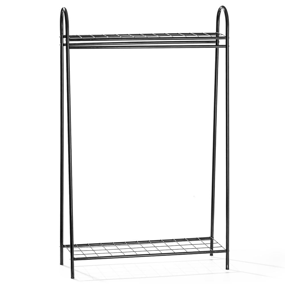 Floor-standing clothes hanger with shelves