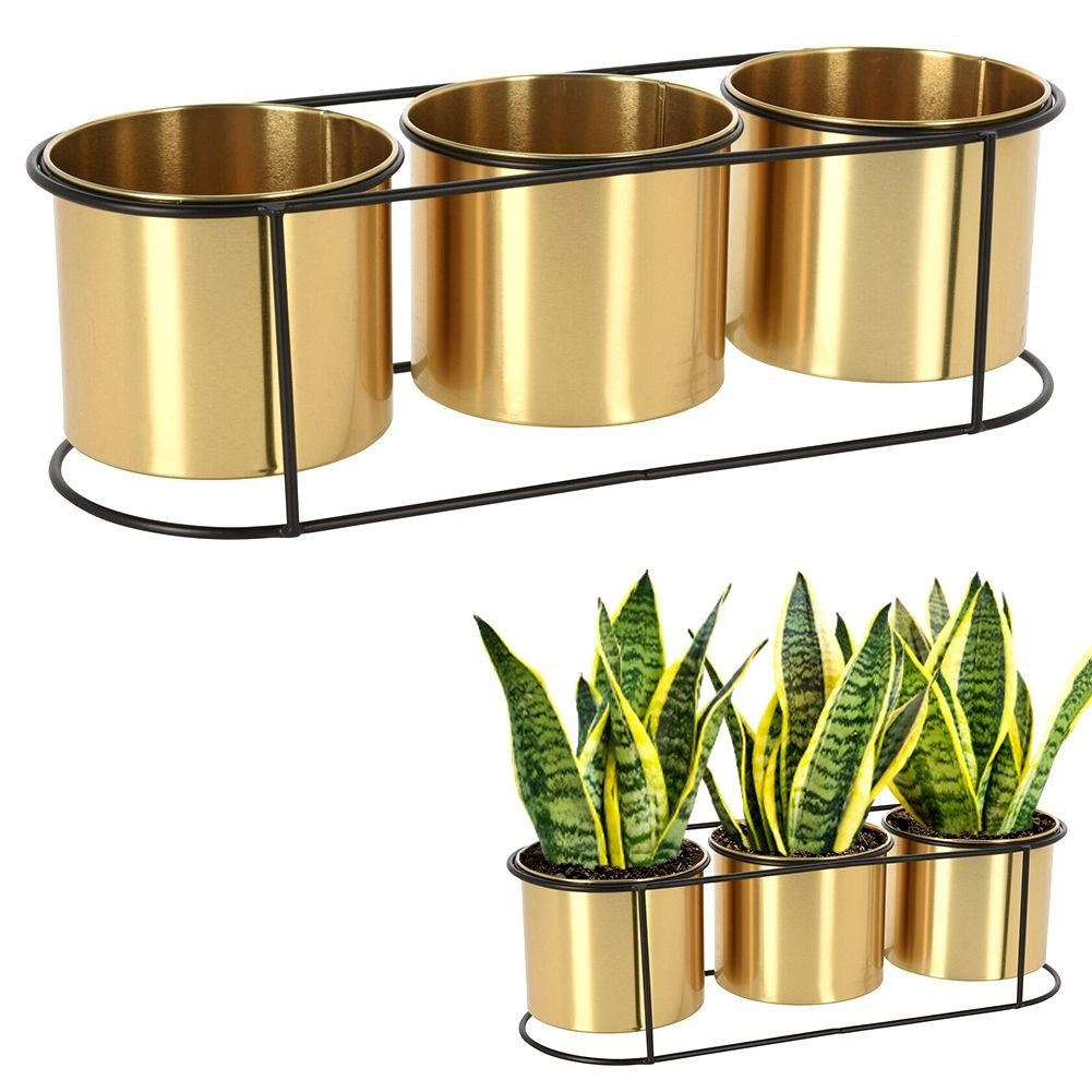 Flower Stand in Black Metal with Three Golden Pot Covers