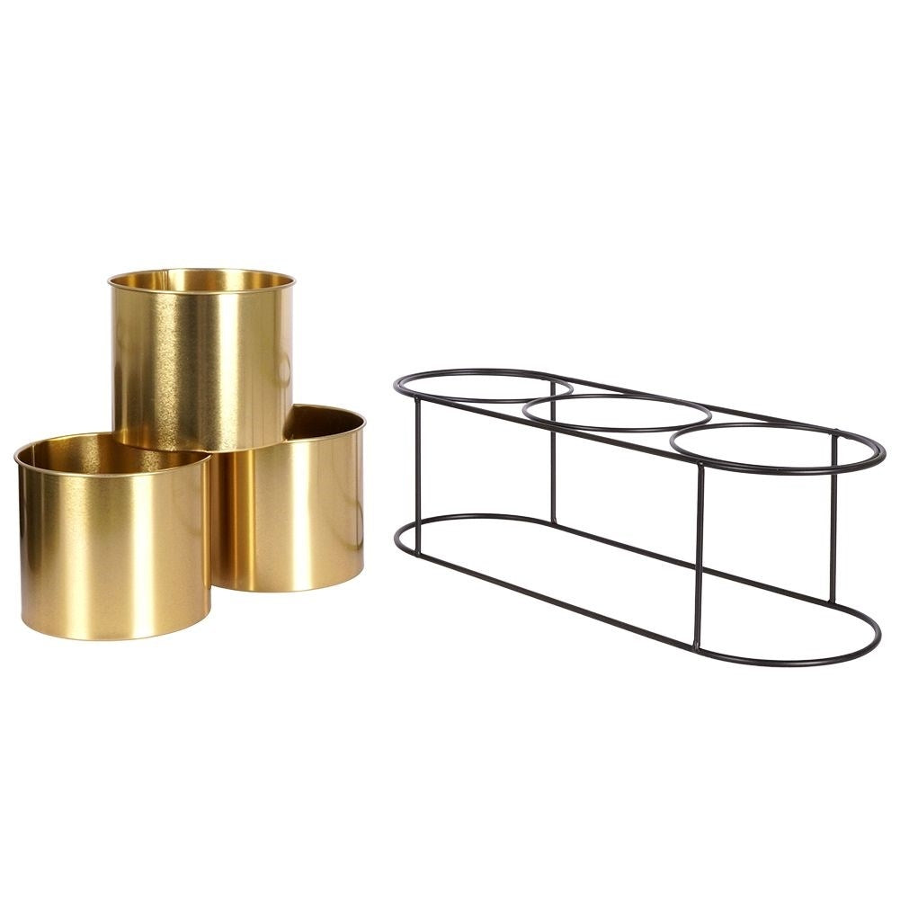 Flower Stand in Black Metal with Three Golden Pot Covers