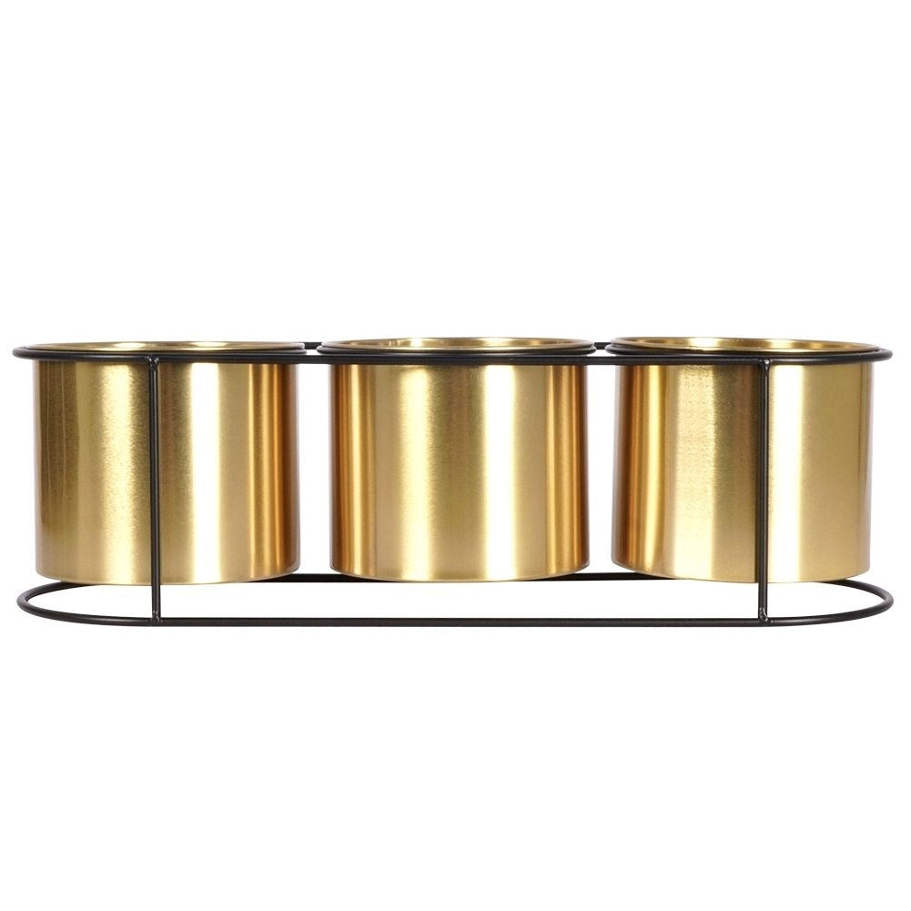 Flower Stand in Black Metal with Three Golden Pot Covers