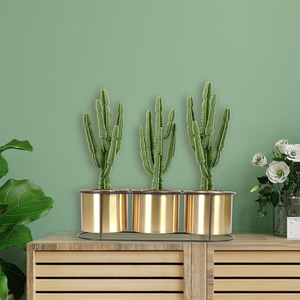 Flower Stand in Black Metal with Three Golden Pot Covers