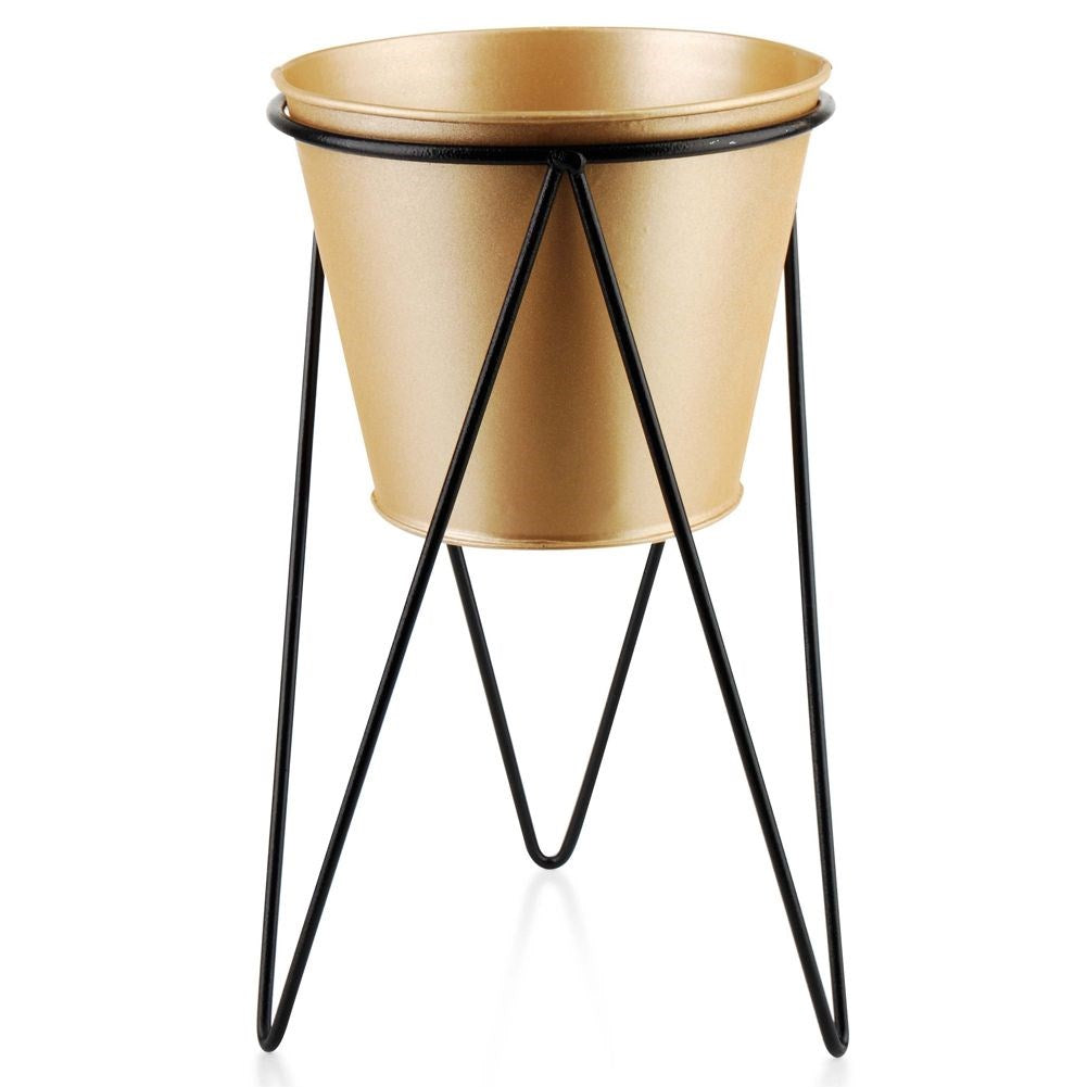 Flowerpot cover on stand, metal, gold, 15x26 cm