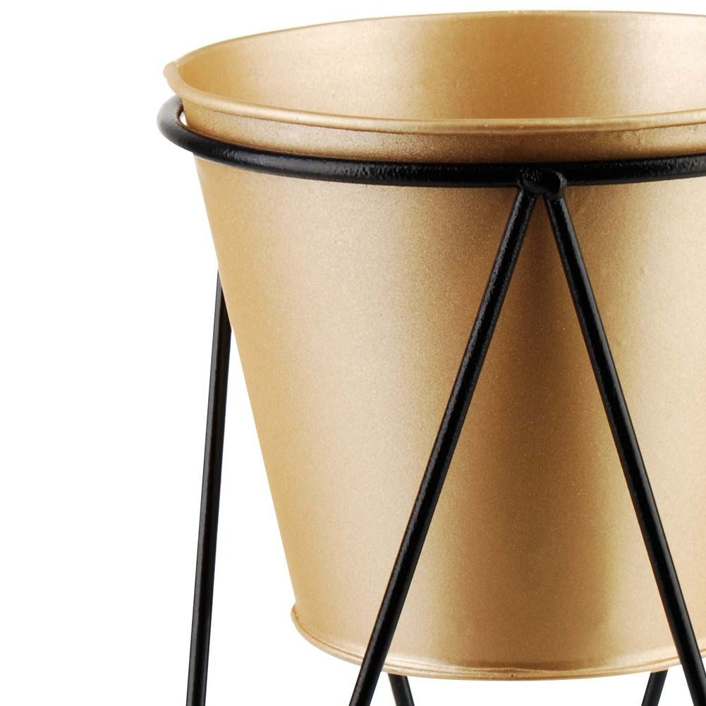Flowerpot cover on stand, metal, gold, 15x26 cm