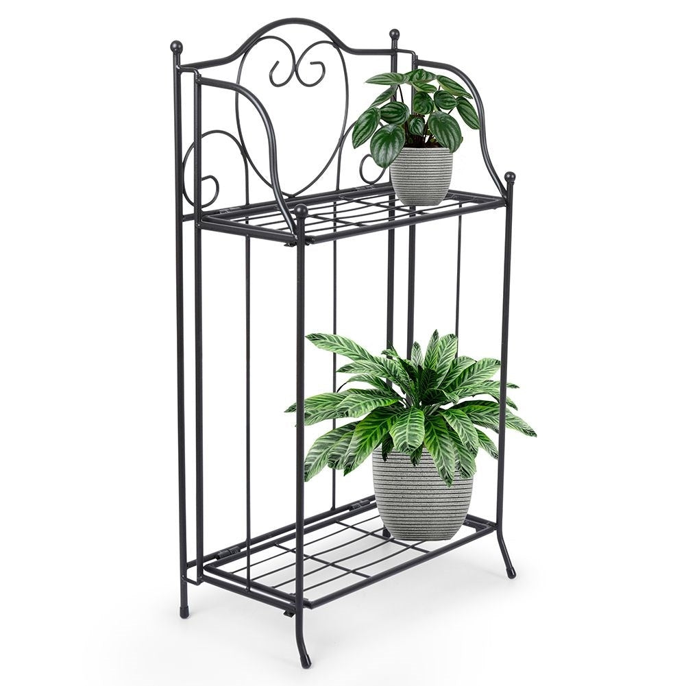 Flower stand in black metal for pots, two levels, rustic style