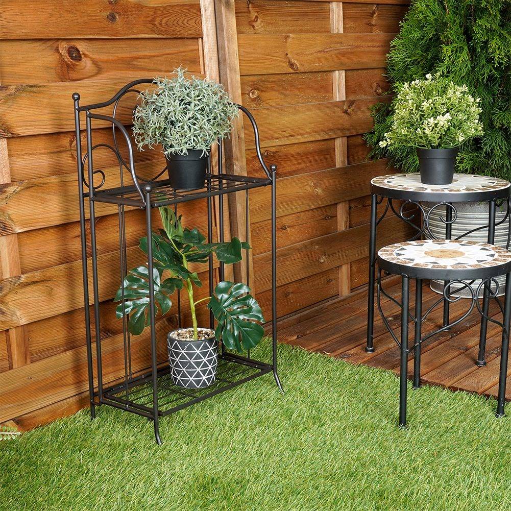 Flower stand in black metal for pots, two levels, rustic style