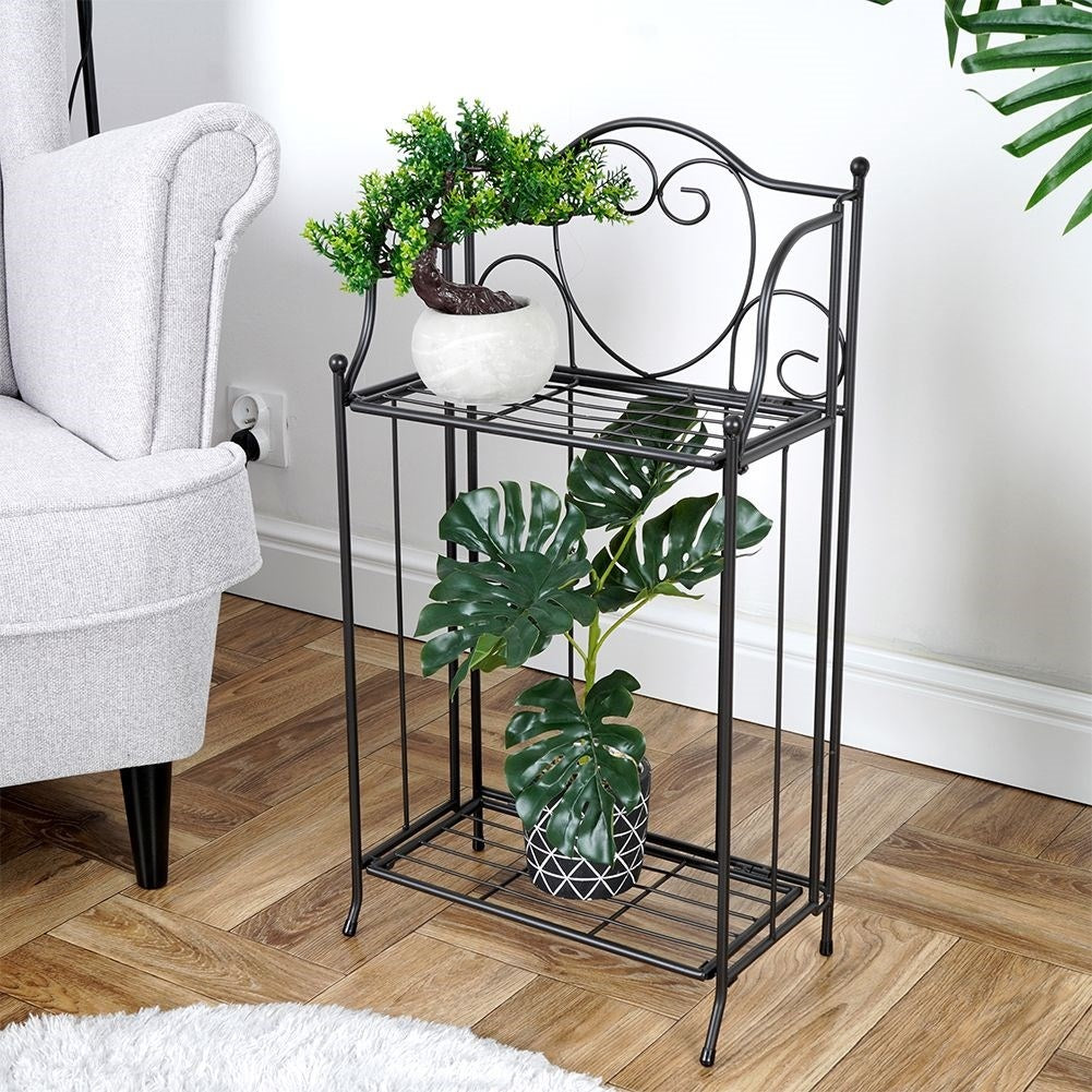 Flower stand in black metal for pots, two levels, rustic style