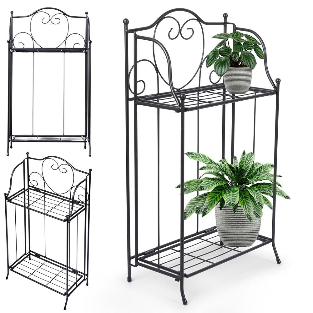 Flower stand in black metal for pots, two levels, rustic style