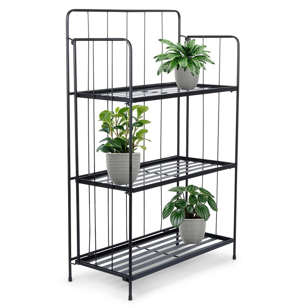 Flower stand in black metal with three levels for flower pots