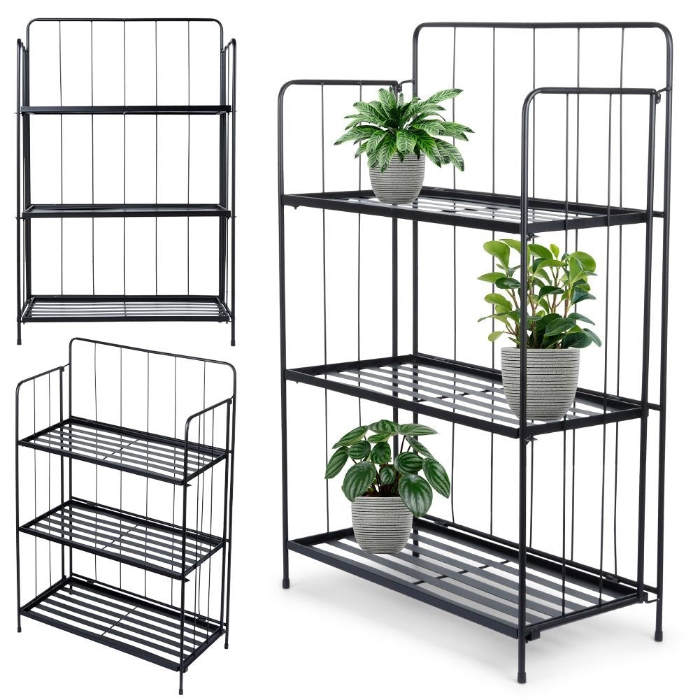 Flower stand in black metal with three levels for flower pots