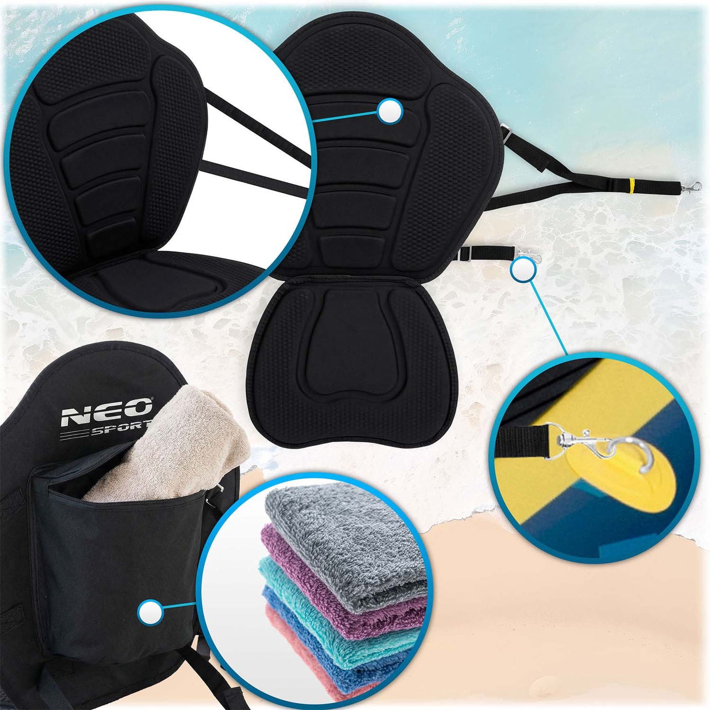 Foam Seat for SUP Board, Black, Adjustable Straps