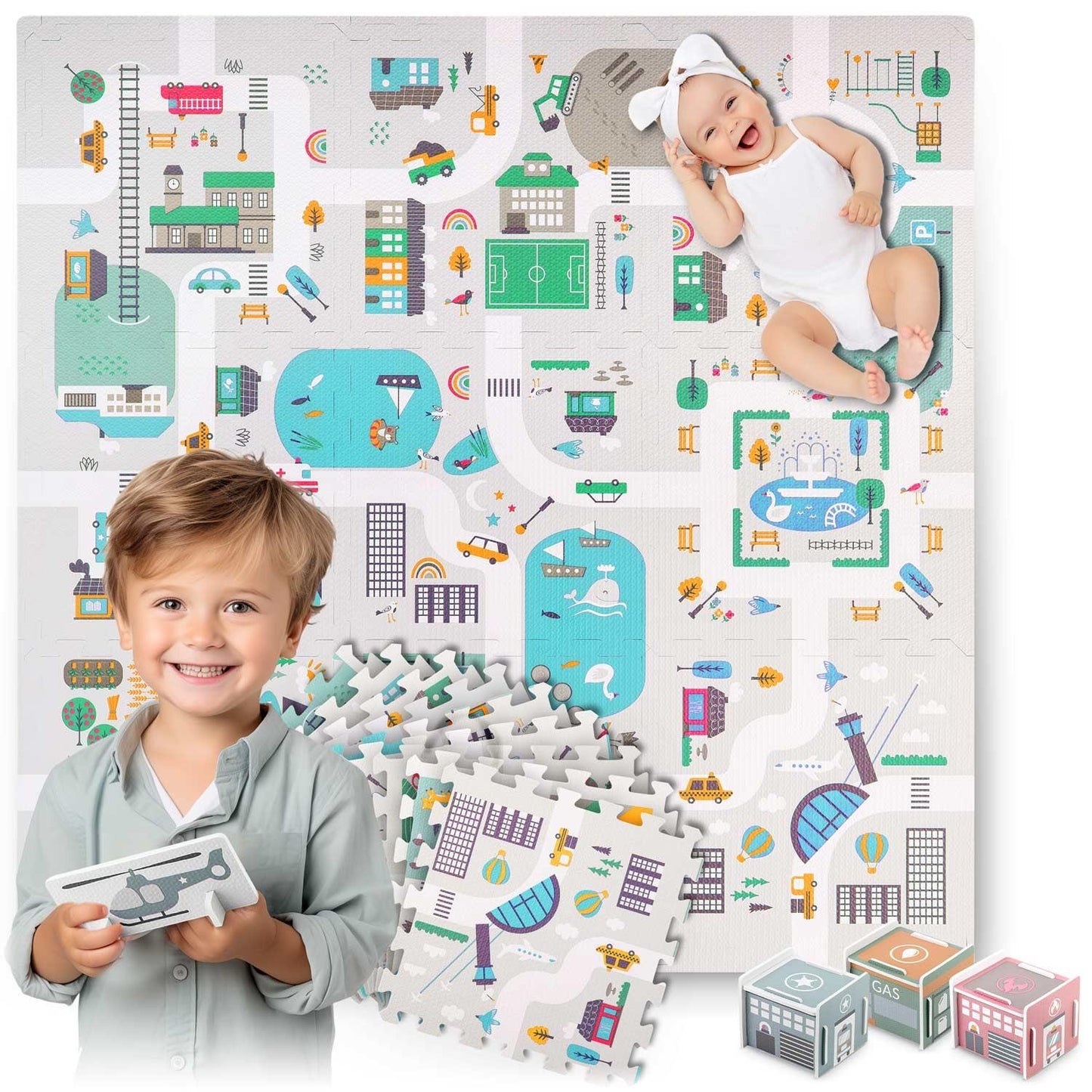 Foam mat Puzzle 120x120 cm with Foam figures - Nukido Town